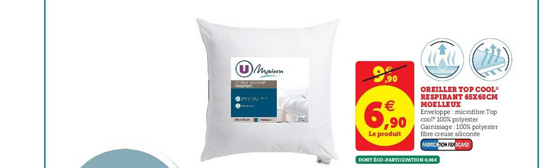 oreiller top cool respirant 65x65cm moelleux