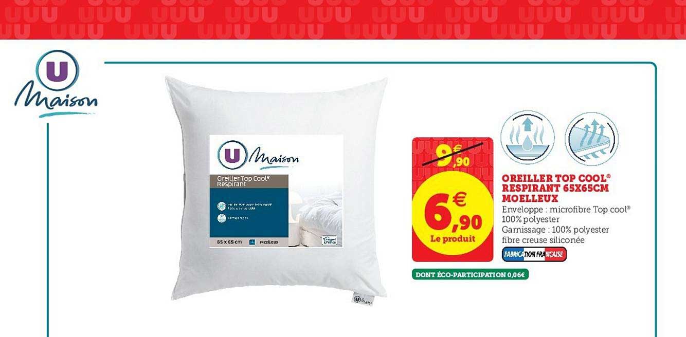 oreiller top cool respirant 65x65cm moelleux