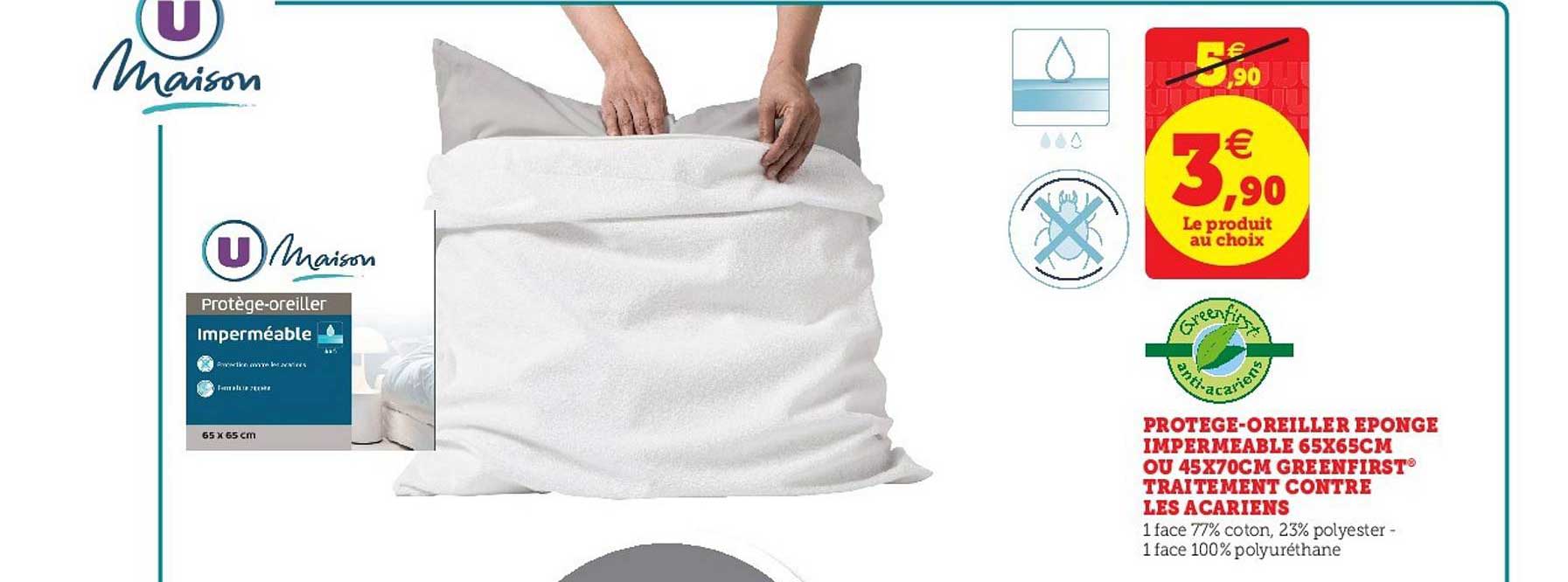 protège oreiller éponge imperméable 65x65cm ou 45x70cm greenfirst traitement contre les acariens