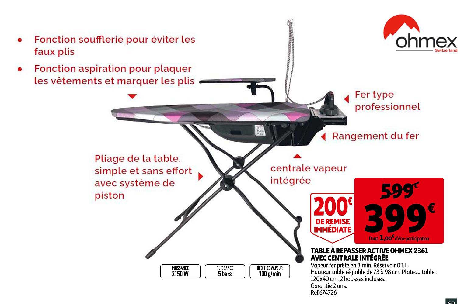 table à repasser active ohmex 2361 avec centrale intégrée