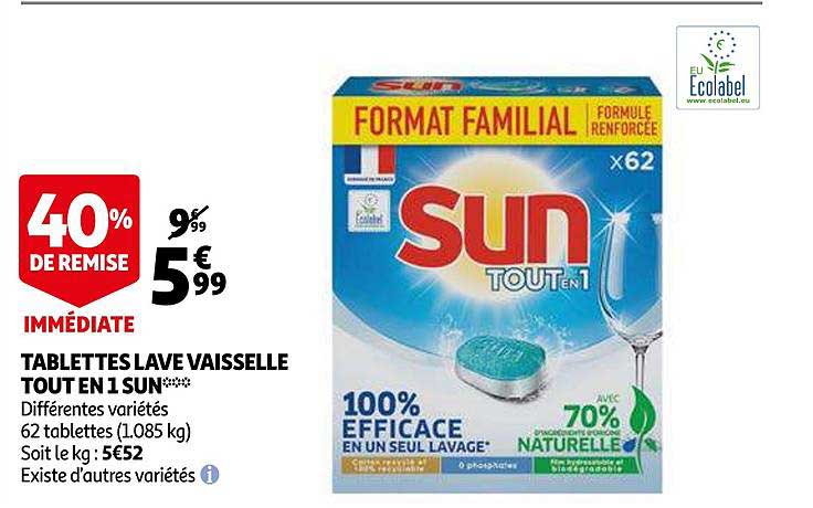 tablettes lave vaisselle tout en 1 sun 40% de remise immédiate