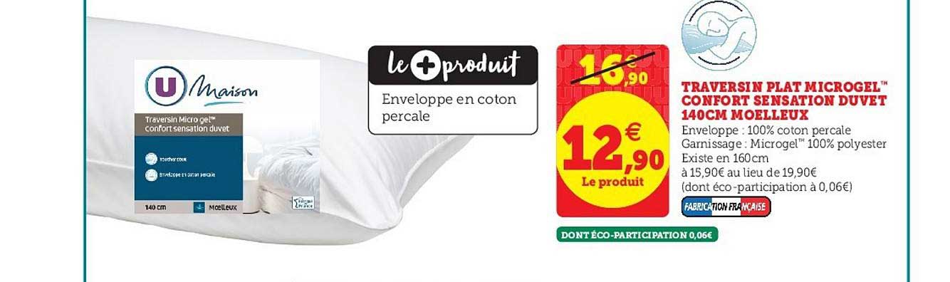 traversin plat microgel confort sensation duvet 140cm moelleux