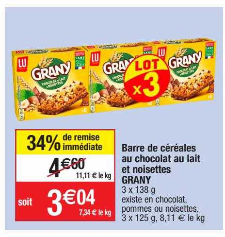 barre de céréales au chocolat au lait et noisettes grany