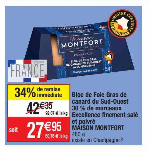 bloc de foie gras de canard du sud-ouest 30% de morceaux excellence finement salé et poivré maison montfort
