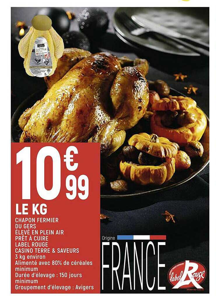 chapon fermier du gers élevé en plein iar prêt à cuire label rouge casino terre & saveurs