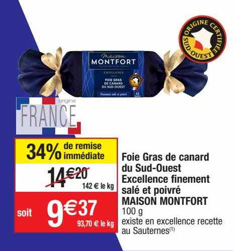 foie gras de canard du sud-ouest excellence finement salé et poivré maison montfort