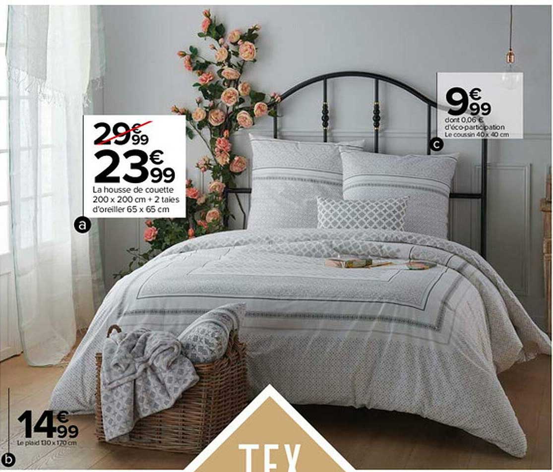 la housse de couette 200 x 200 cm + 2 taies d'oreiller 65 x 65 cm tex home, le coussin 40 x 40 m