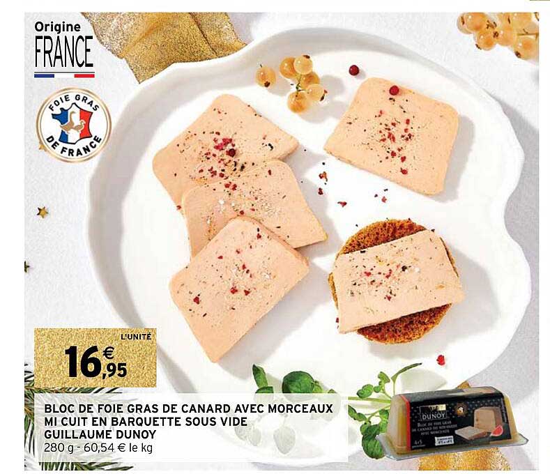 bloc de foie gras de canard avec morceaux mi cuit en barquette sous vide guillaume dunoy