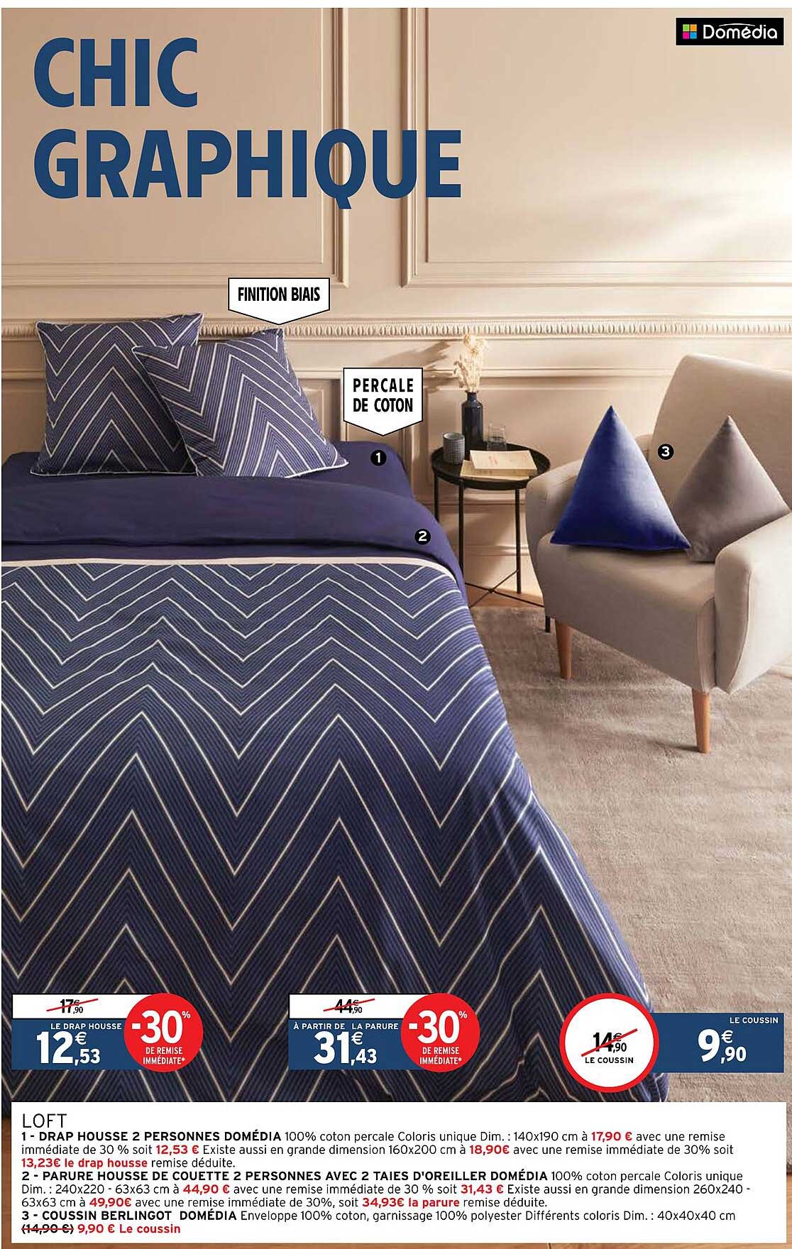 drap housse 2 personnes domédia, parure housse de couette 2 personnes avec 2 taies d'oreiller domédia, coussin berlingot domédia