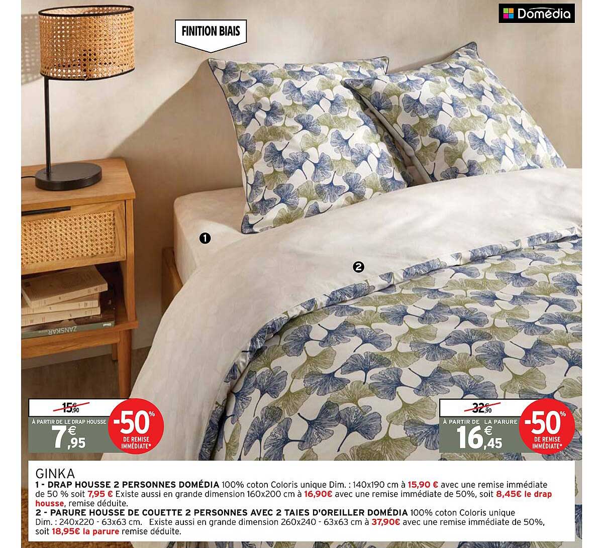 drap housse 2 personnes domédia, parure housse de couette 2 personnes avec 2 taies d'oreiller domédia