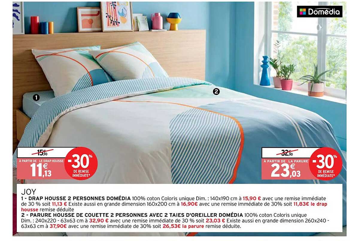 drap housse 2 personnes domédia, parure housse de couette 2 personnes avec 2 taies d'oreiller domédia
