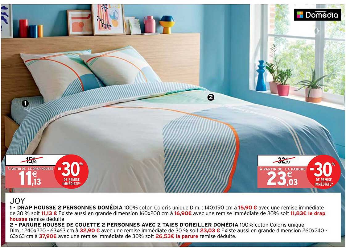 drap housse 2 personnes domédia, parure housse de couette 2 personnes avec 2 taies d'oreiller domédia