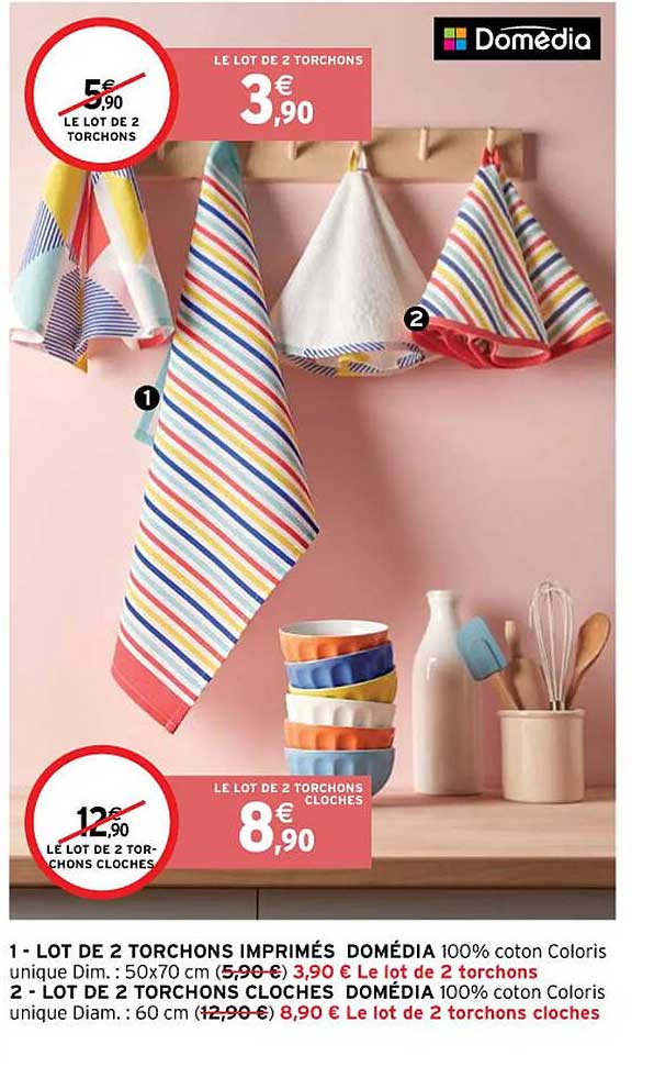 lot de 2 torchons imprimés domédia, lot de 2 torchons cloches domédia