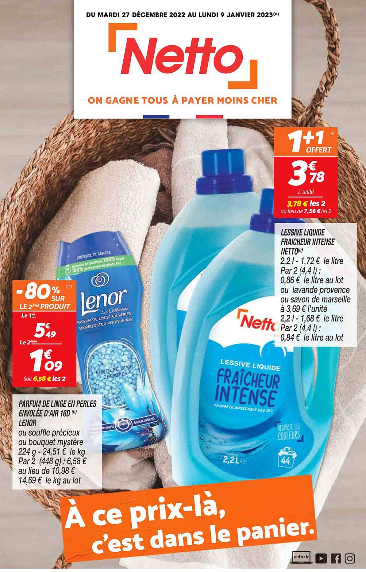 parfum de linge en perles envolée d'air 16d lenor, lessive liquide fraîcheur intense netto