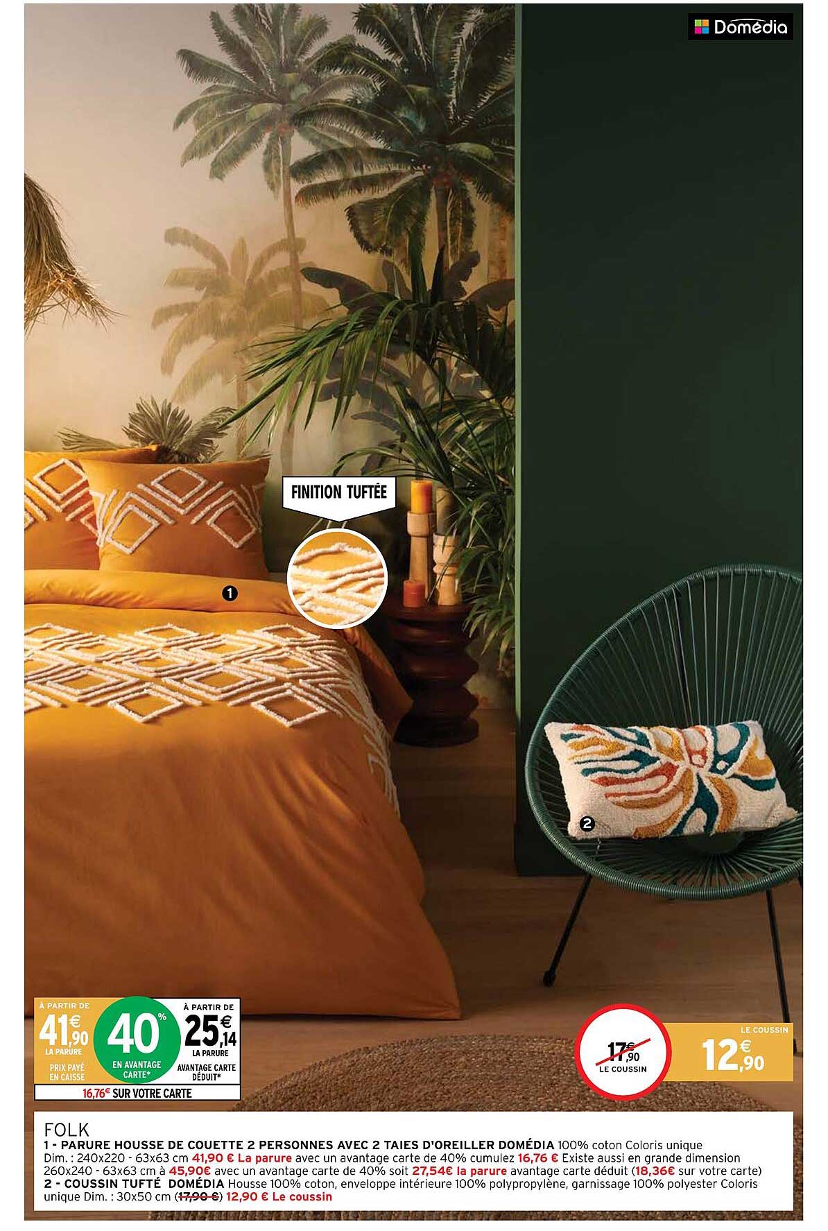 parure housse de couette 2 personnes avec 2 taies d'oreiller domédia, coussin tufté domédia