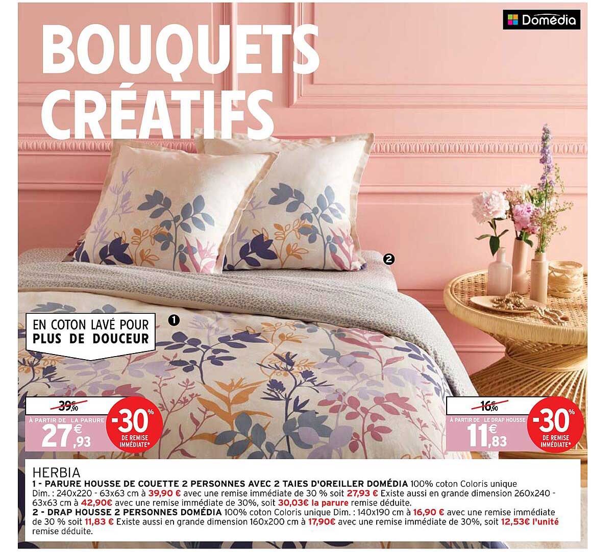 parure housse de couette 2 personnes avec 2 taies d'oreiller domédia, drap housse 2 personnes domédia
