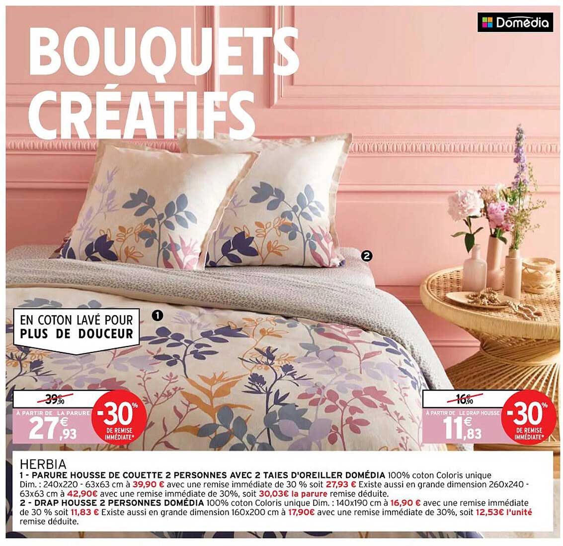 parure housse de couette 2 personnes avec 2 taies d'oreiller domédia, drap housse 2 personnes domédia