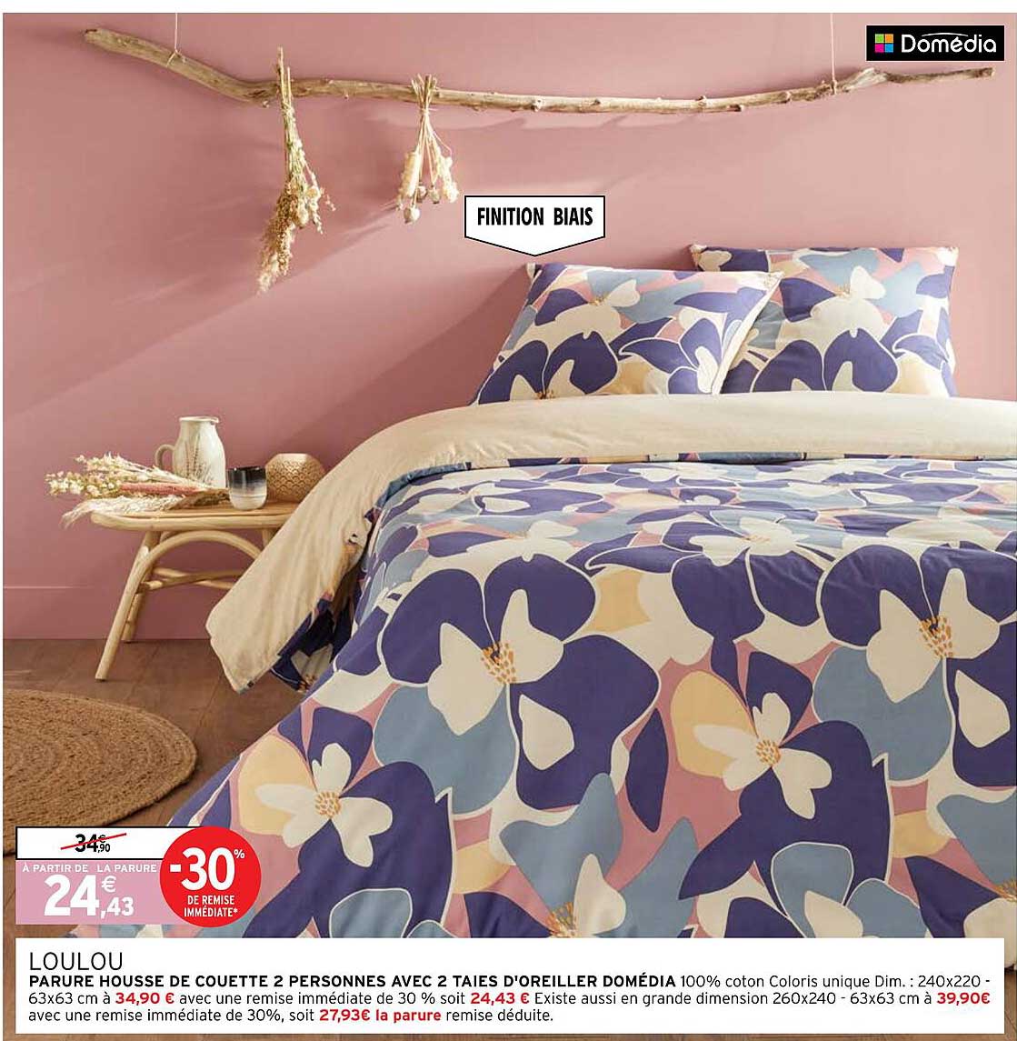 parure housse de couette 2 personnes avec 2 taies d'oreiller domédia