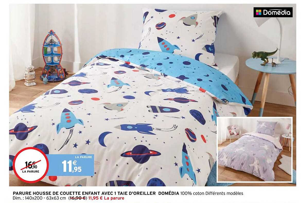 parure housse de couette enfant avec 1 taie d'oreiller domédia