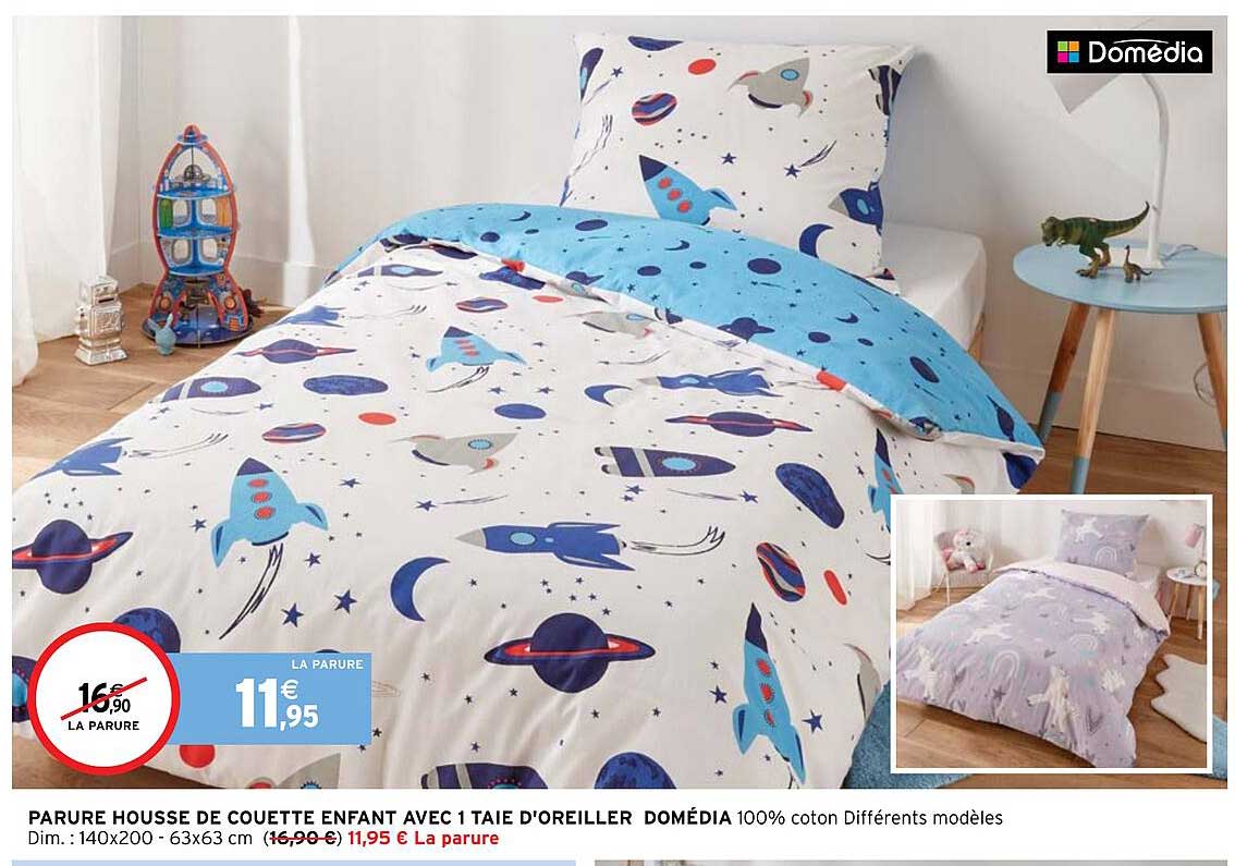 parure housse de couette enfant avec 1 taie d'oreiller domédia