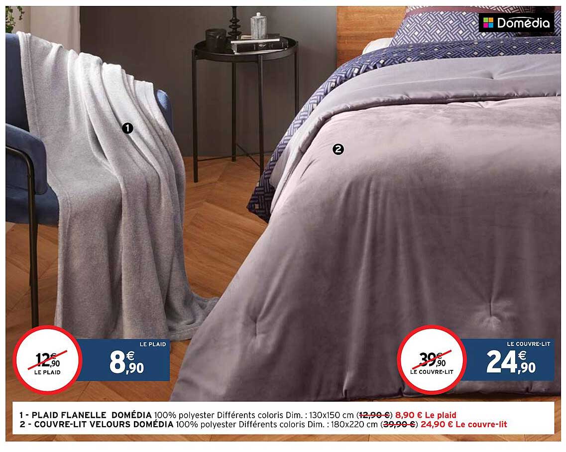 plaid flanelle domédia, couvre-lit velours domédia