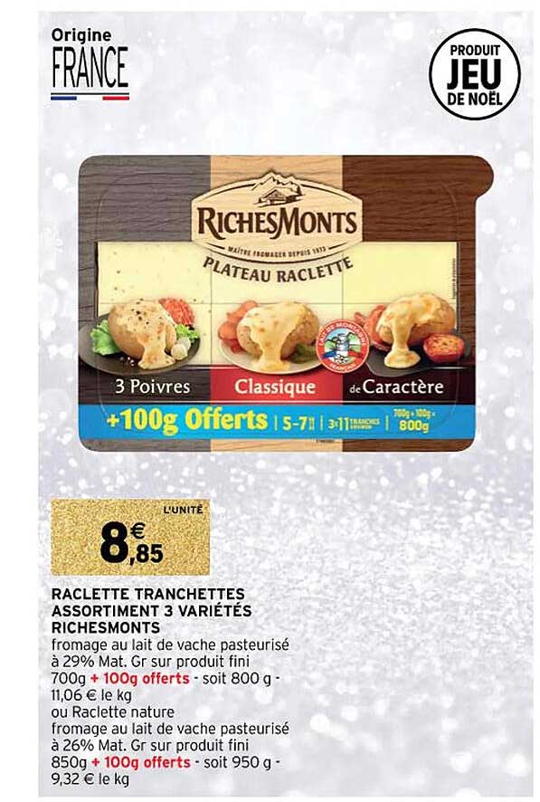 raclette tranchettes assortiment 3 variétés riches monts