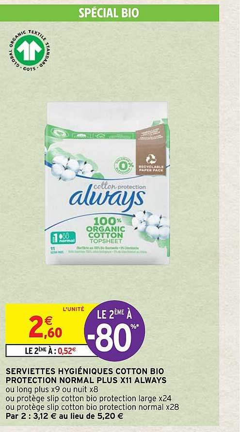 Serviettes Hygiéniques Cotton Bio Protection Normal Plus X11 Always