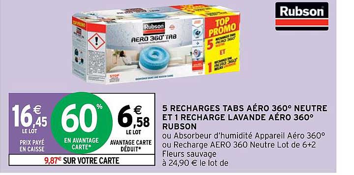 5 recharges tabs aéro 360° neutre et 1 recharge lavande aéro 360° rubson