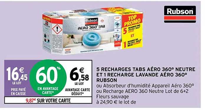5 recharges tabs aéro 360° neutre et 1 recharge lavande aéro 360° rubson