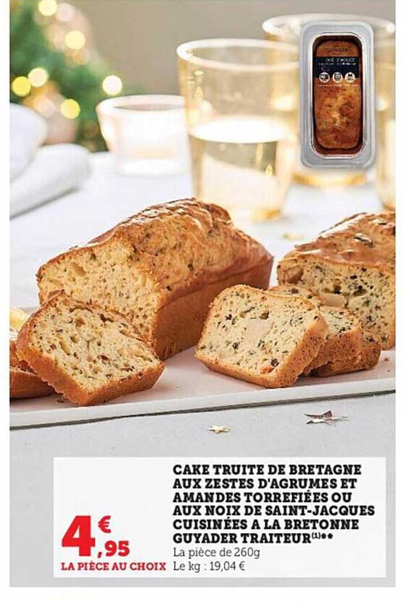 cake truite de bretagne aux zestes d'agrumes et amandes torrefiées ou aux noix de saint-jac