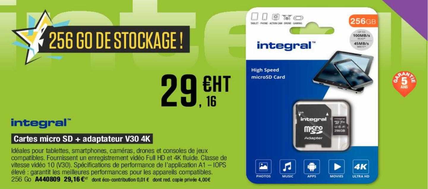cartes micro sd + adaptateur v30 4k intégral