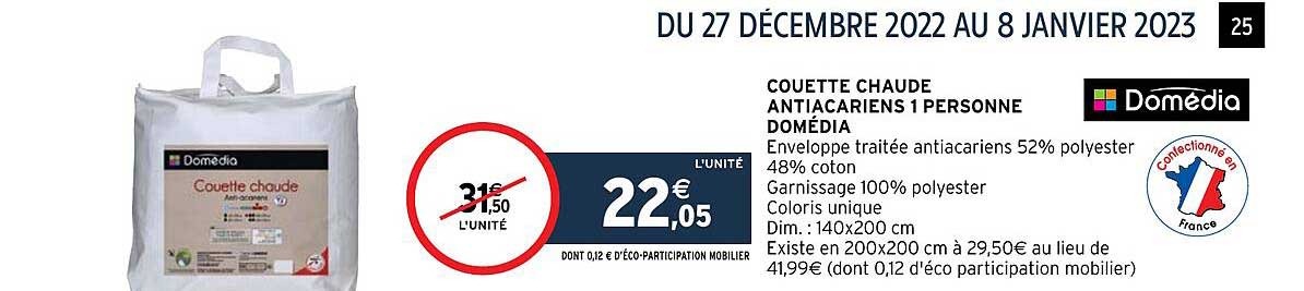 couette chaude anti acariens 1 personne domédia