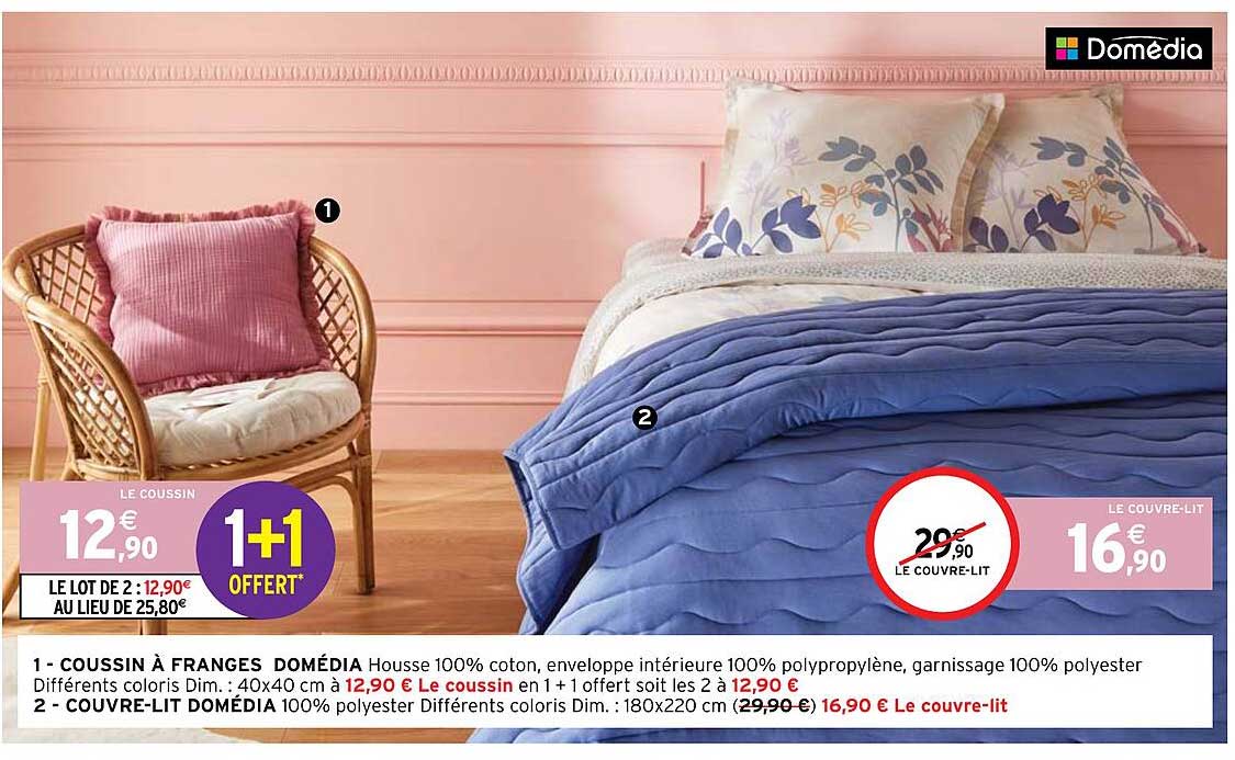 coussin à franges domédia, couvre-lit domédia