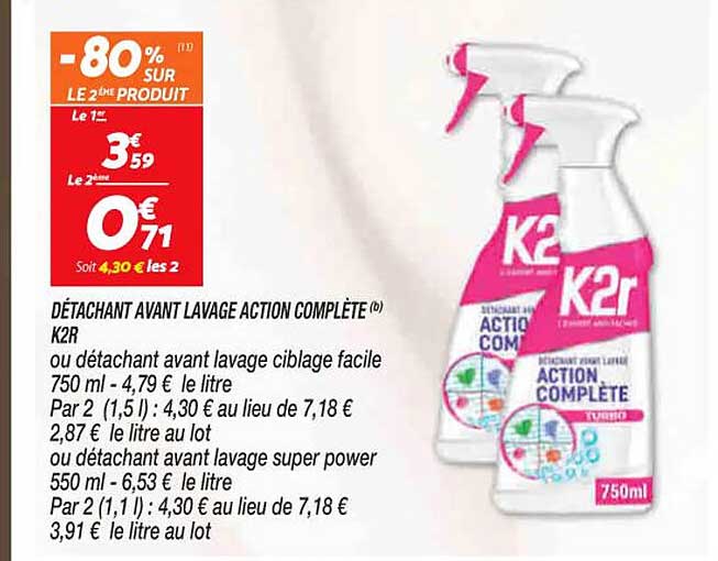 détachant avant lavage action complète k2r