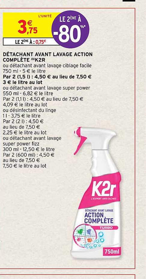 détachant avant lavage action complète k2r