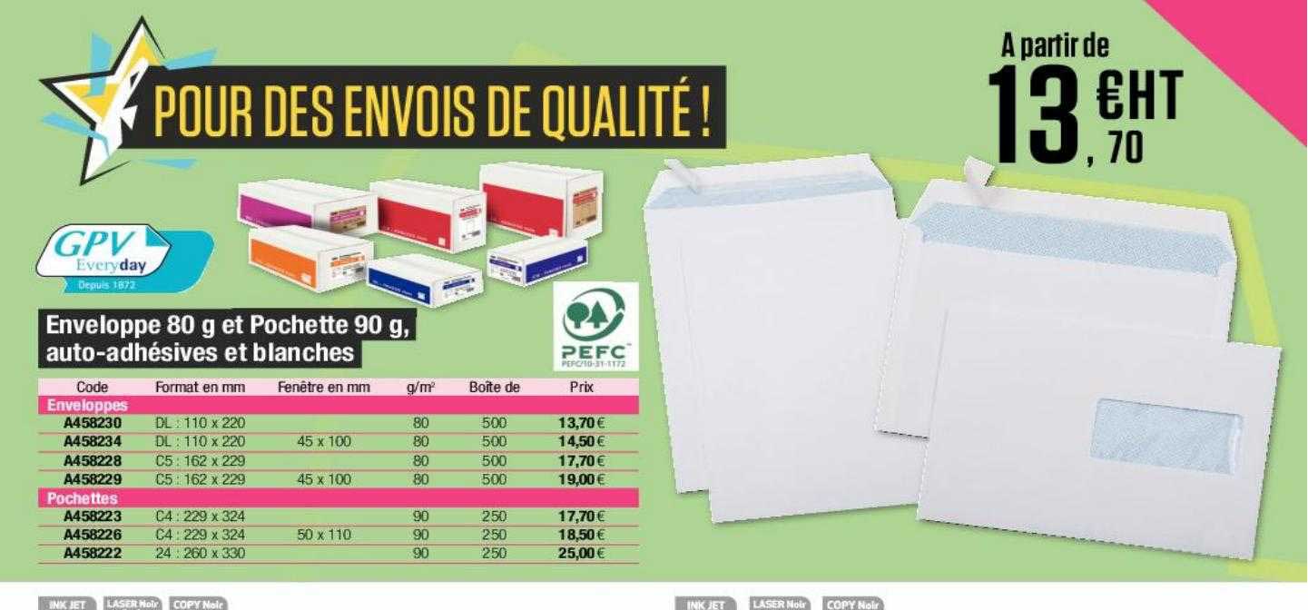 enveloppe 80 g et pochette 90 g, auto-adhésives et blanches