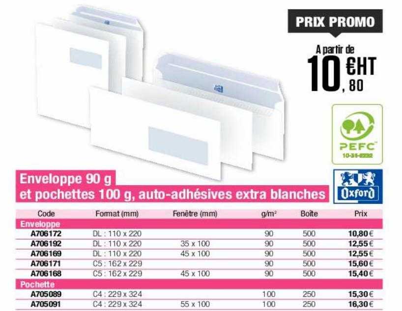 enveloppe 90 g et pochettes 100 g, auto-adhésives extra blanches oxford