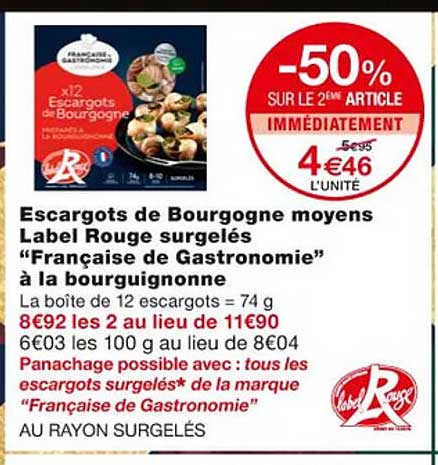 escargots de bourgogne moyens label rouge surgelés "française de gastronomie" à la bourguignonne