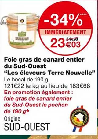 foie gras de canard entier du sud-ouest "les éleveurs terre nouvelle"