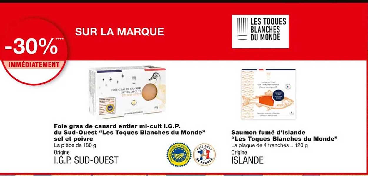 foie gras de canard entier mi-cuit i.g.p. du sud-ouest "les toques blanches du monde" sel et poivre, saumon fumé d'islande "les toques blanches du monde"