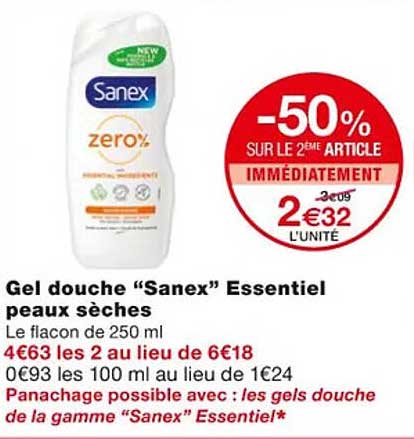 gel douche "sanex" essentiel peaux sèches