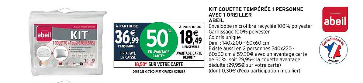 kit couette tempérée 1 personne avec 1 oreiller abeil