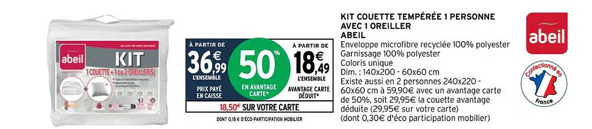 kit couette tempérée 1 personne avec 1 oreiller abeil