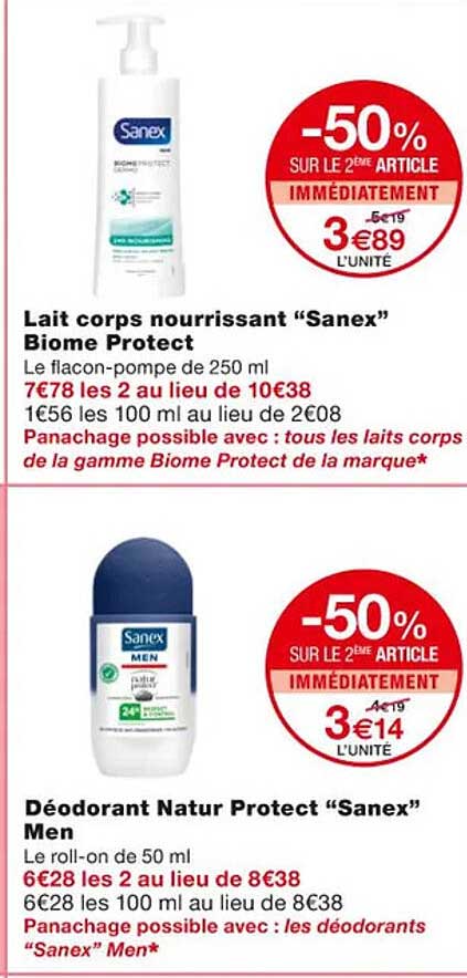 lait corps nourrissant "sanex" biome protect, déodorant natur protect "sanex" men