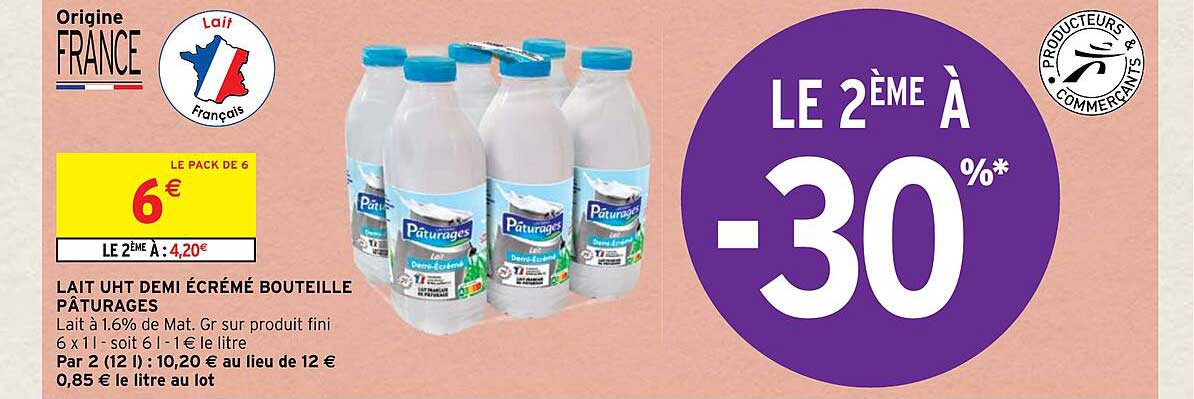 Lait Uht Demi écrémé Bouteille Pâturages