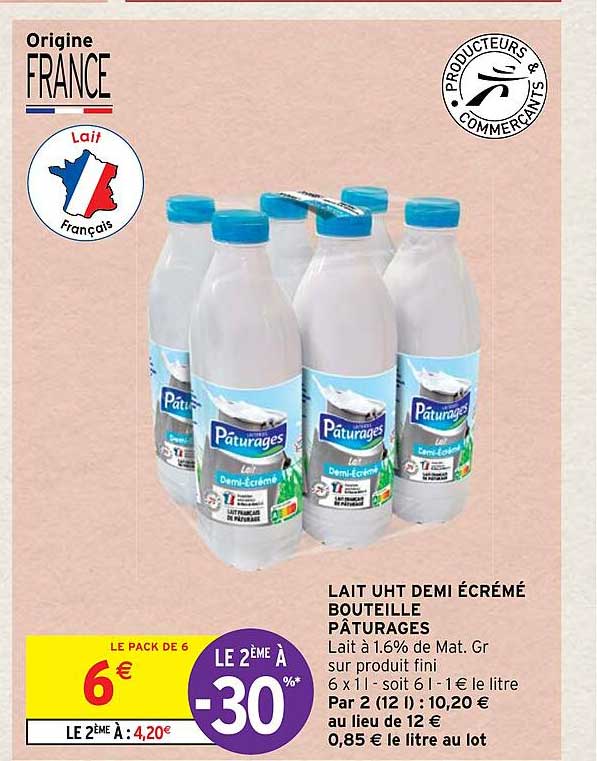 Lait Uht Demi écrémé Bouteille Pâturages