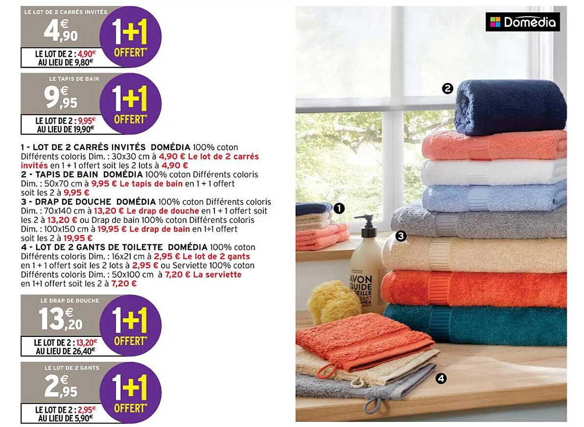 Lot De 2 Carrés Invités Domédia, Tapis De Bain Domédia, Drap De Douche Domédia, Lot De 2 Gants De Toilette Domédia