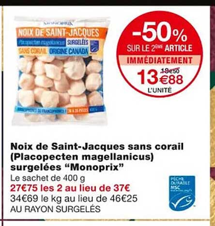 noix de saint-jacques sans corail (placopecten magellanicus) surgelées "monoprix"