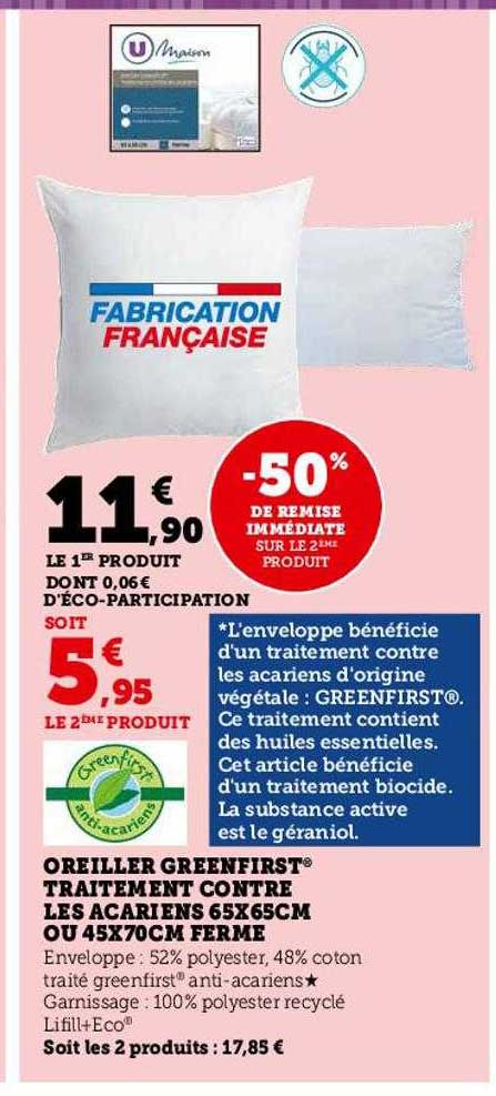 oreiller greenfirst traitement contre les acariens 65 x 65 cm ou 45 x 70 cm ferme