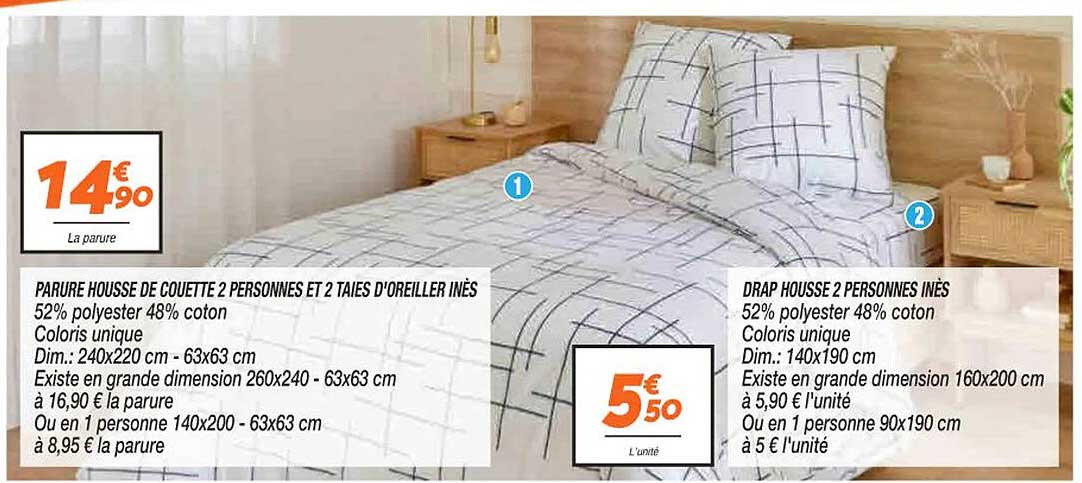 parure housse de couette 2 personnes et 2 taies d'oreillers inès, drap housse 2 personnes inès